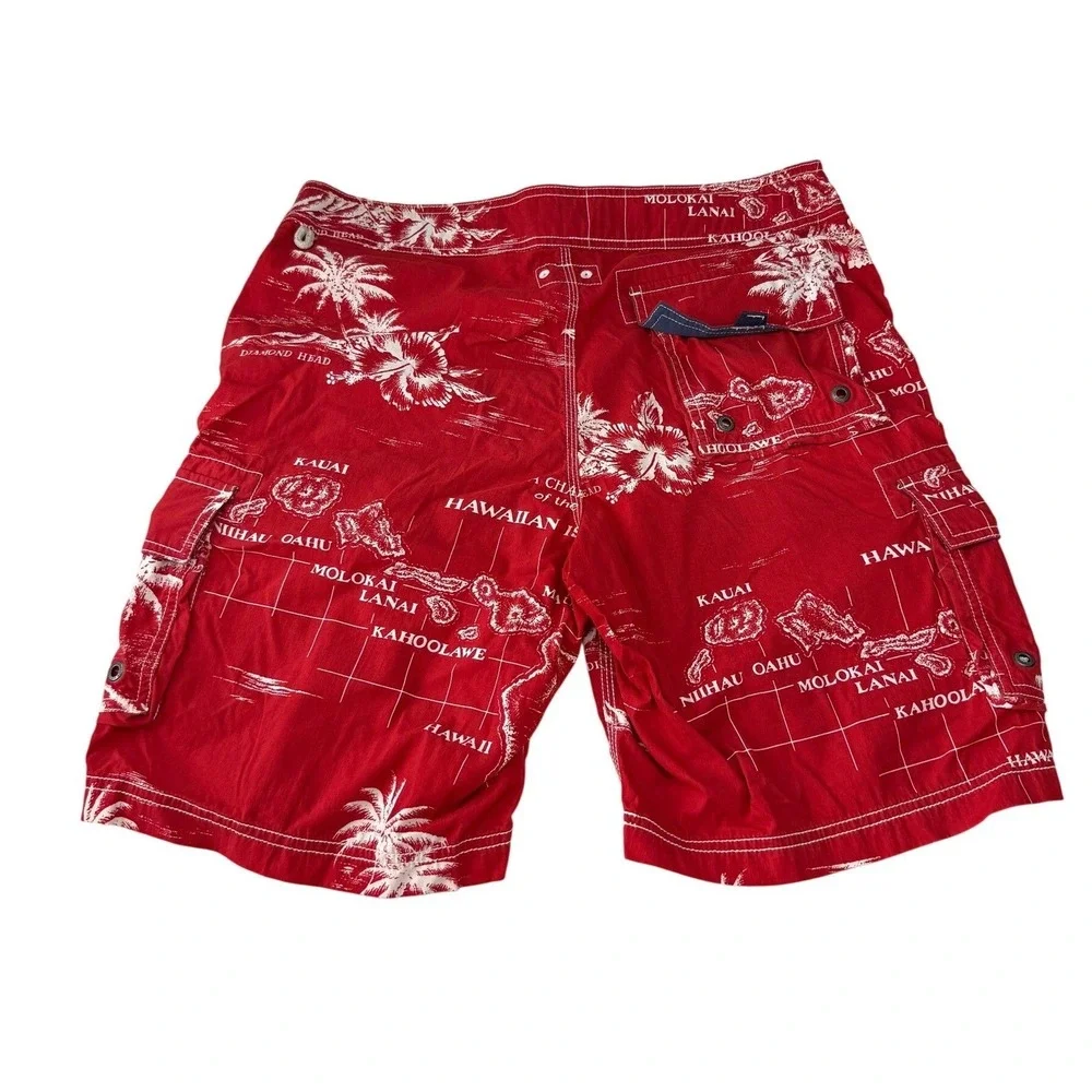 J. Crew Mens Red Hawaiian Islands‎ Cargo Board Shorts Swim Size 32